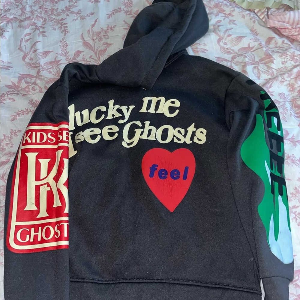 Black Lucky Me See Ghosts Hoodie with Graphic Designs